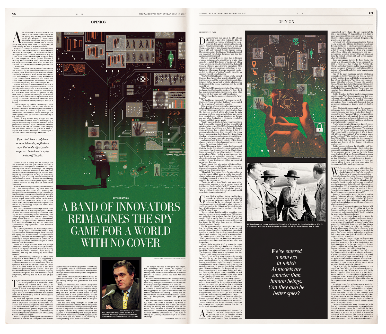 A double newspaper page with illustrations on dark green and black
