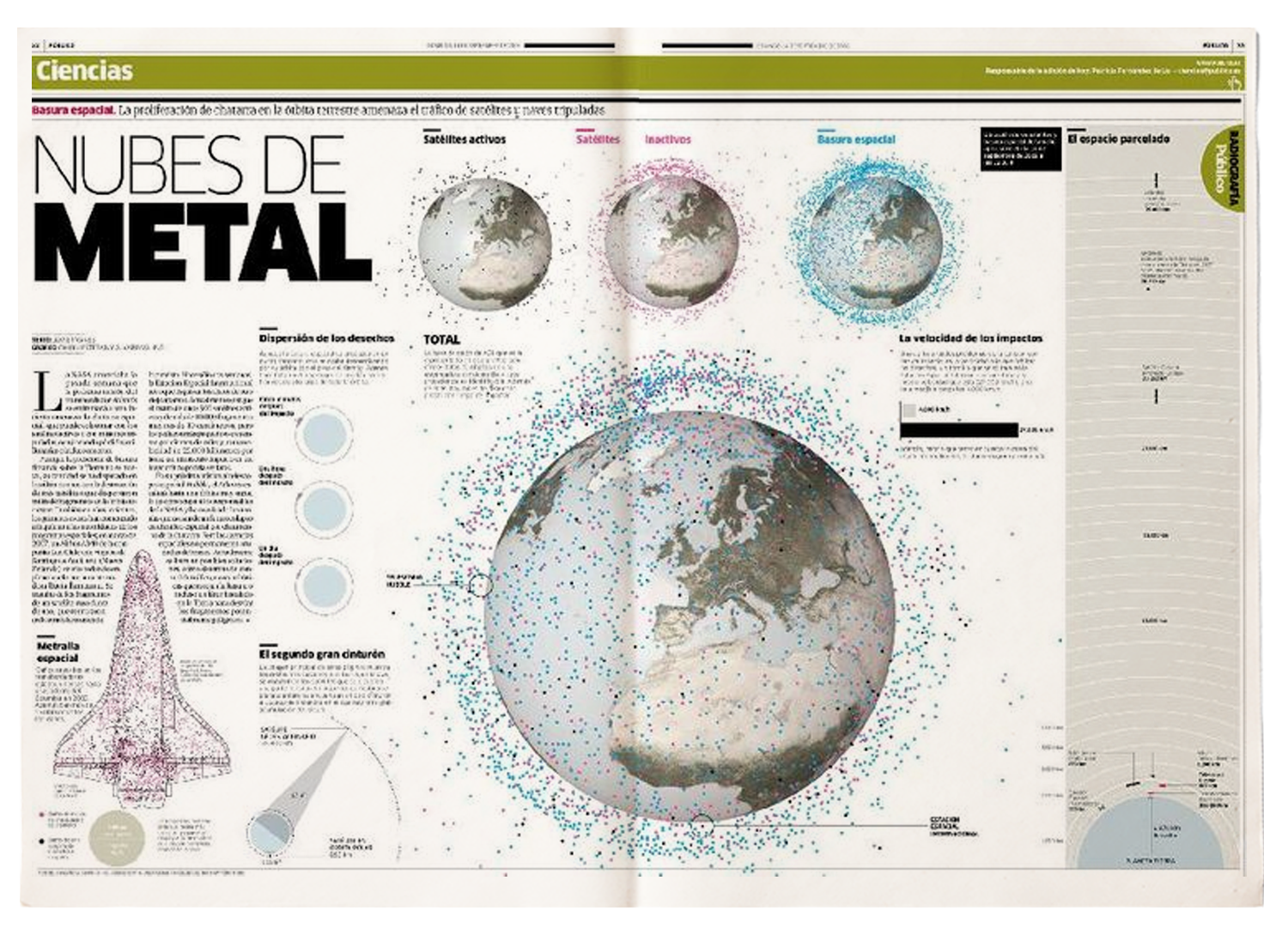 A double newspaper page with a world globe full of color dots adnd three smaller globes with dots separated by color. There's also a spaceship full of dots.